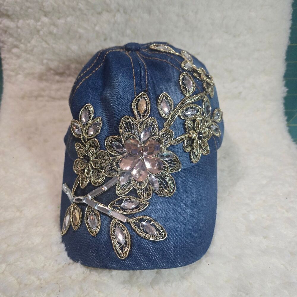 Olivia & Kate Women's Denim Baseball Cap Hat with Rhinestone Floral